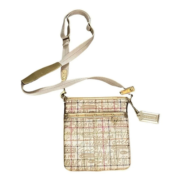 Coach Cross Body Boho Womens Purse Gold Ivory Shoulder Strap Casual  Zip Closure - Picture 1 of 12